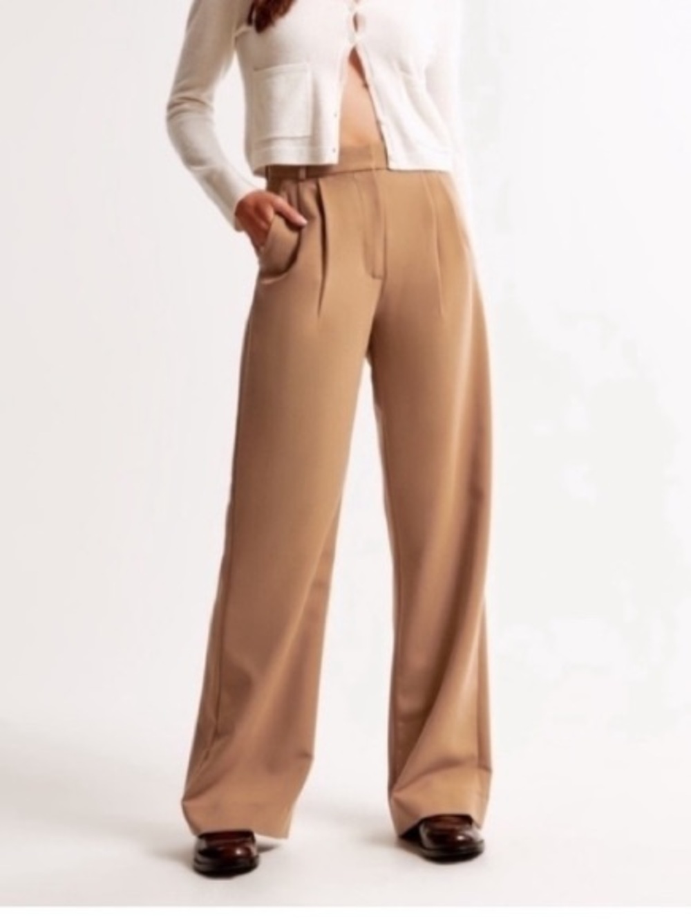 Abercrombie & Fitch Tall Sloane High Rise Pleated Wide Trouser Pant Tan 27